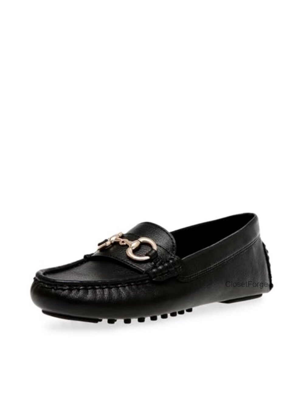 Leather driving loafer with metal hardware, cushioned, rubber sole